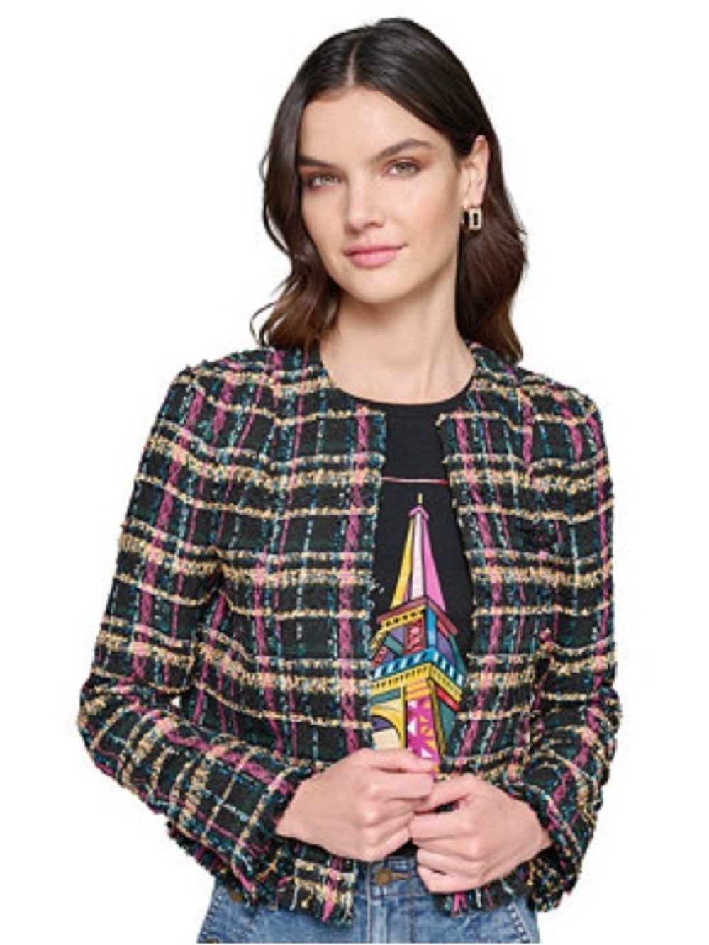 Karl Lagerfeld Multicolor Tweed Cropped Blazer Size 4 Luxury Designer Career - Picture 2 of 15